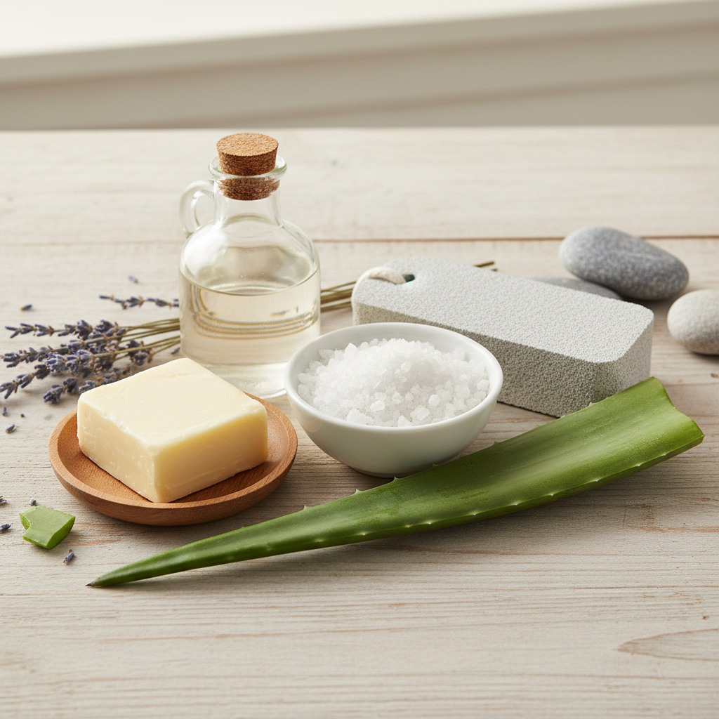 Sertleşmiş topuklar için kullanılan Hindistan cevizi yağı, ponza taşı ve shea yağı gibi doğal bakım malzemeleri