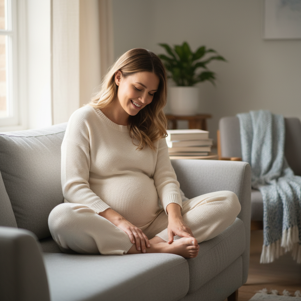 Gebelikte Ayak Sağlığı: Şişlik, Ağrı ve Kramplar - Hamilelikte ayak şişliği için evde masaj yapan bir kadın.