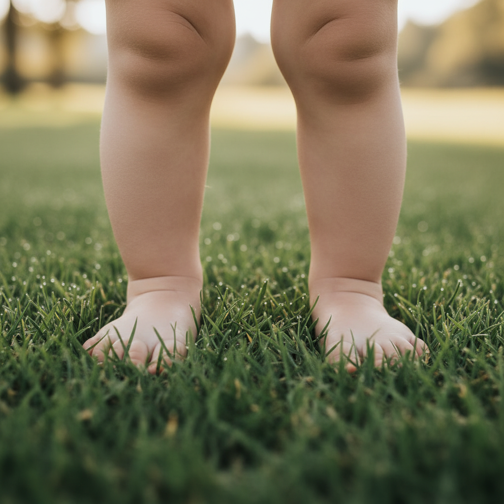 Çocuklarda Ayak Sağlığı: Düz Taban ve Yürüme - Çimlerin üzerinde duran bir çocuğun esnek düz taban yapısını gösteren ayakları.