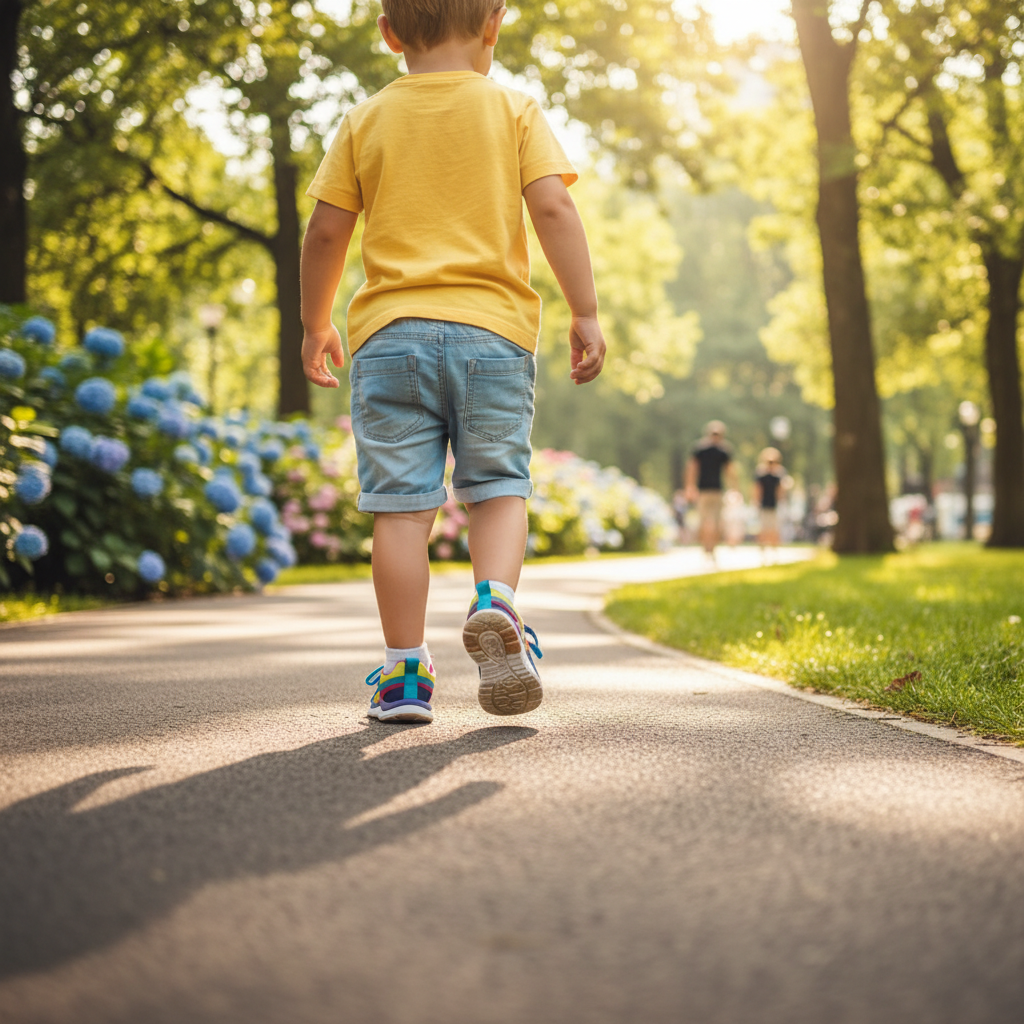 Parkta yürüyen ve adımlarını hafifçe içe doğru atan bir çocuk.