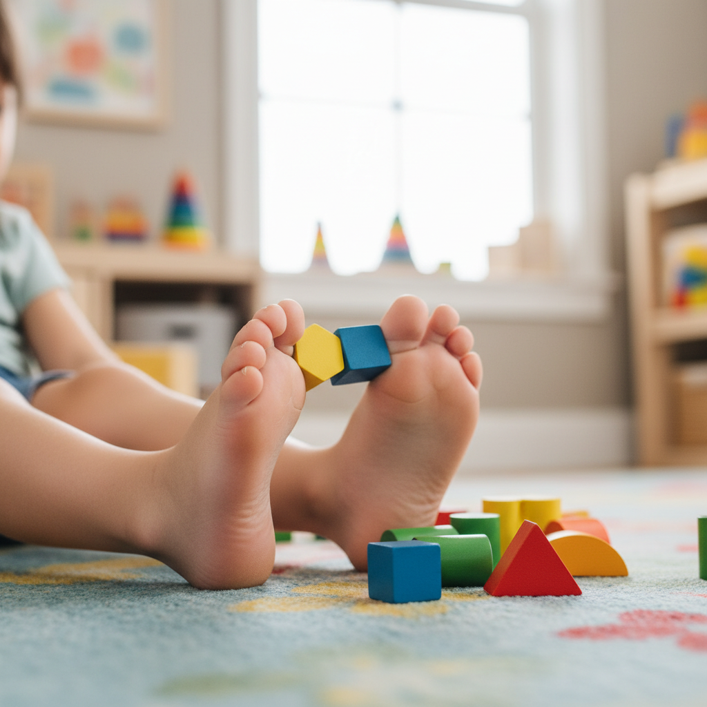 Ayak parmaklarıyla yerdeki oyuncakları tutarak ayak kaslarını çalıştıran bir çocuk.
