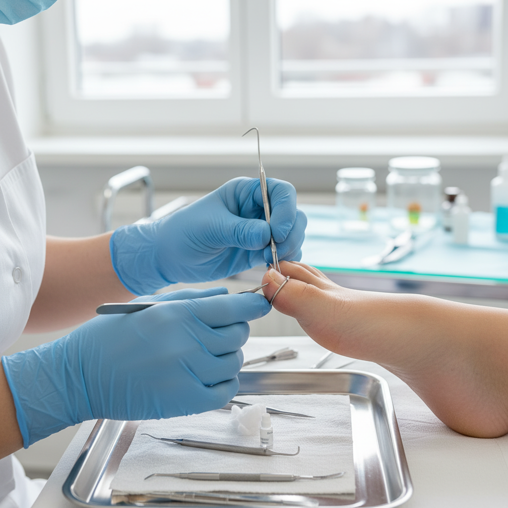 Batık Tırnakta Tel ve Bant: Hangisi Doğru Seçim? - Batık tırnak için uygulanan 3TO tel sisteminin yakından görünümü.