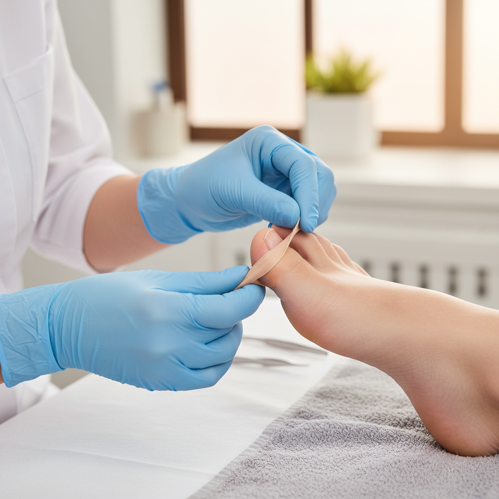 Batık tırnak için uygulanan bant yönteminin nasıl yapıldığını gösteren bir görsel.