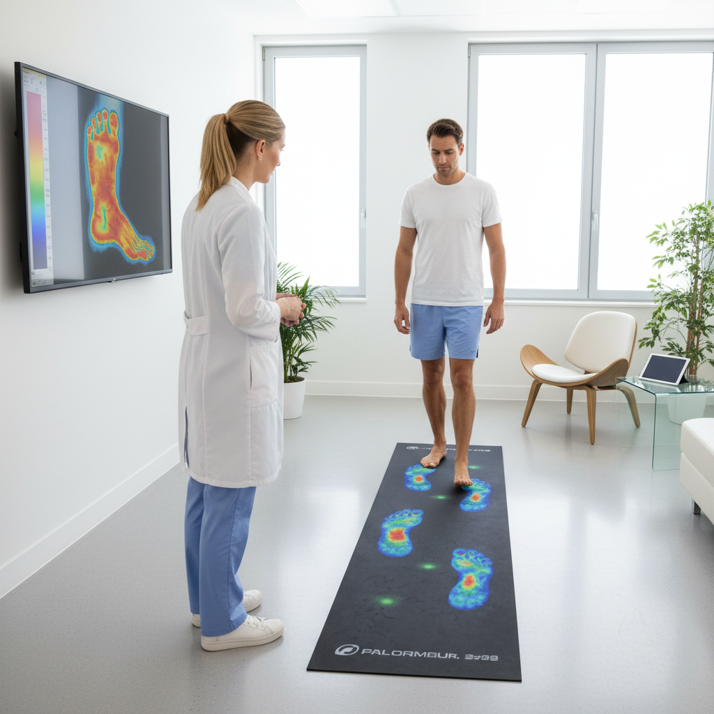 Kişiye Özel Tabanlık: Ayak Sağlığınız İçin Gizli Kahraman - Bilgisayar destekli yürüme analizi sırasında ayak tabanı basınç haritasını inceleyen bir uzman.