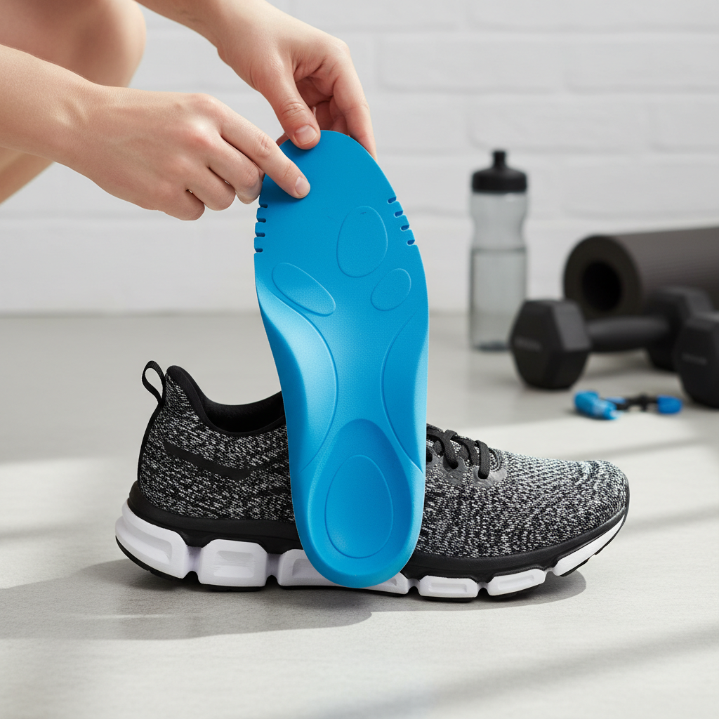 Bir spor ayakkabısının içine yerleştirilen kişiye özel tasarlanmış ortopedik tabanlık.