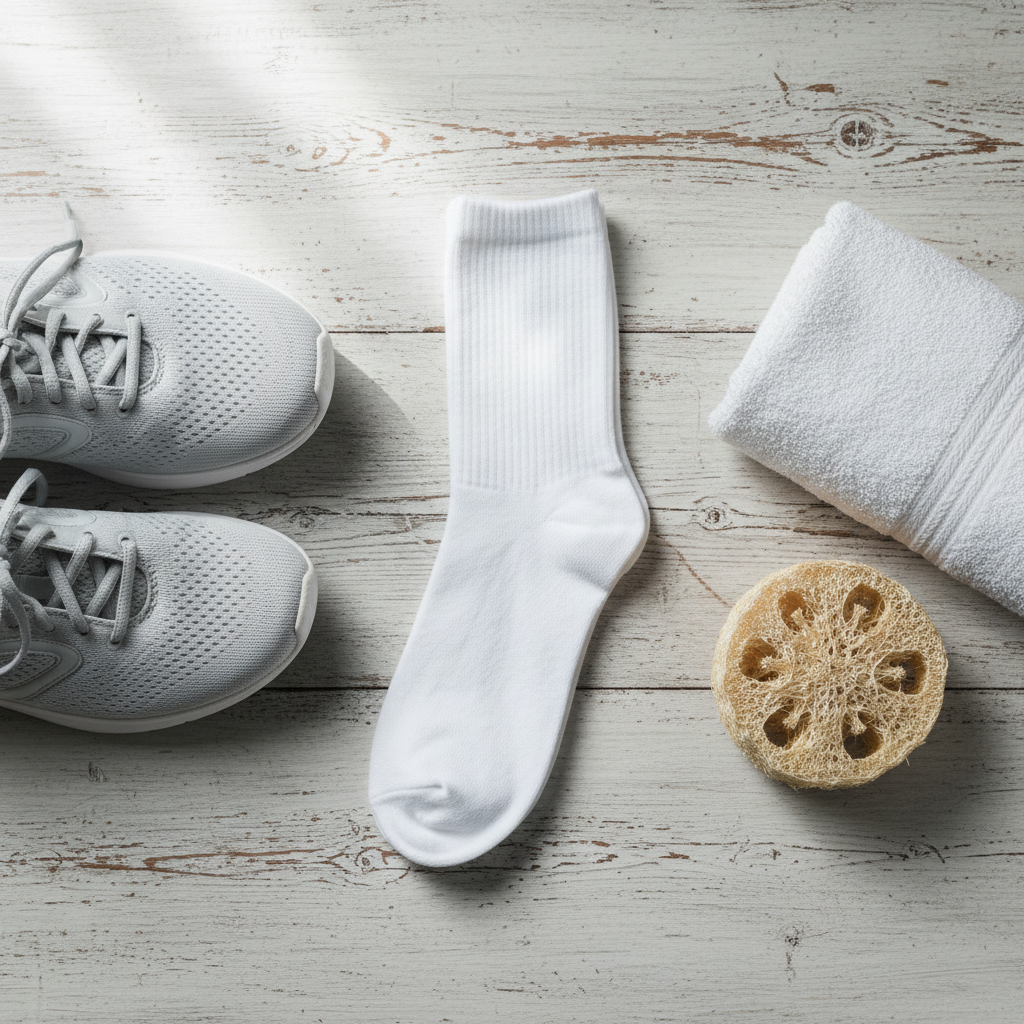 Ayak hijyeni ve tırnak mantarını önleme temalı pamuklu çorap ve spor ayakkabı.