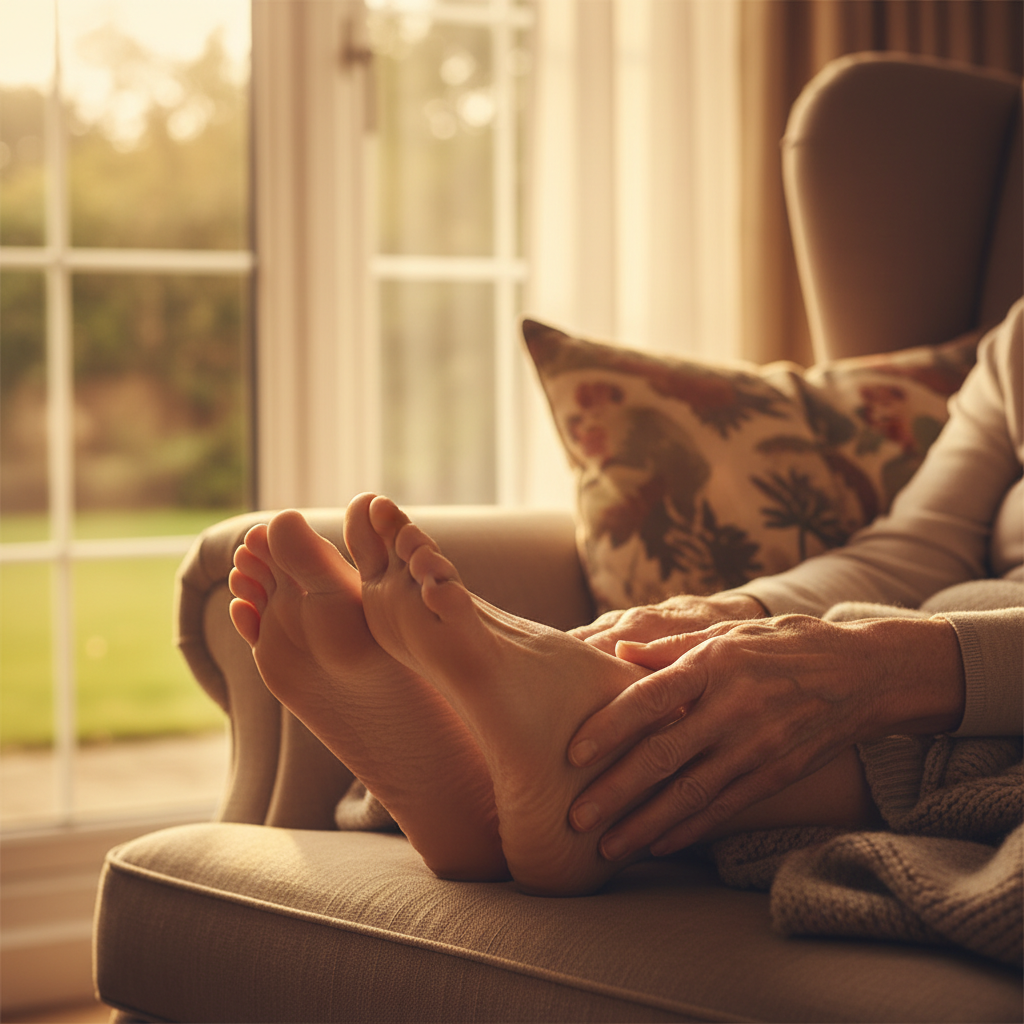 İleri Yaşta Ayak Sağlığı: Gözden Kaçan 5 Tehlike - Yaşlı bir bireyin güneşli bir pencere kenarında otururken ayaklarına nazikçe bakım yapması.