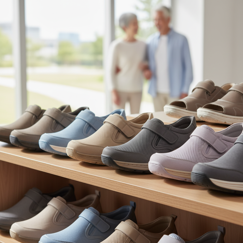 İleri yaş için uygun, konforlu ve ortopedik ayakkabıların sergilendiği bir raf.