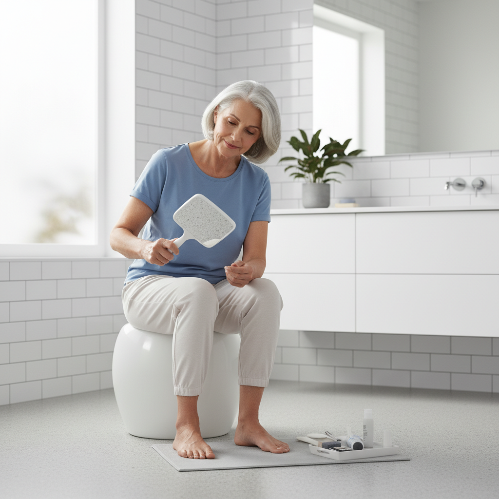 Yaşlı bir kişinin banyoda güvenli bir şekilde ayak tabanını ayna ile kontrol etmesi.