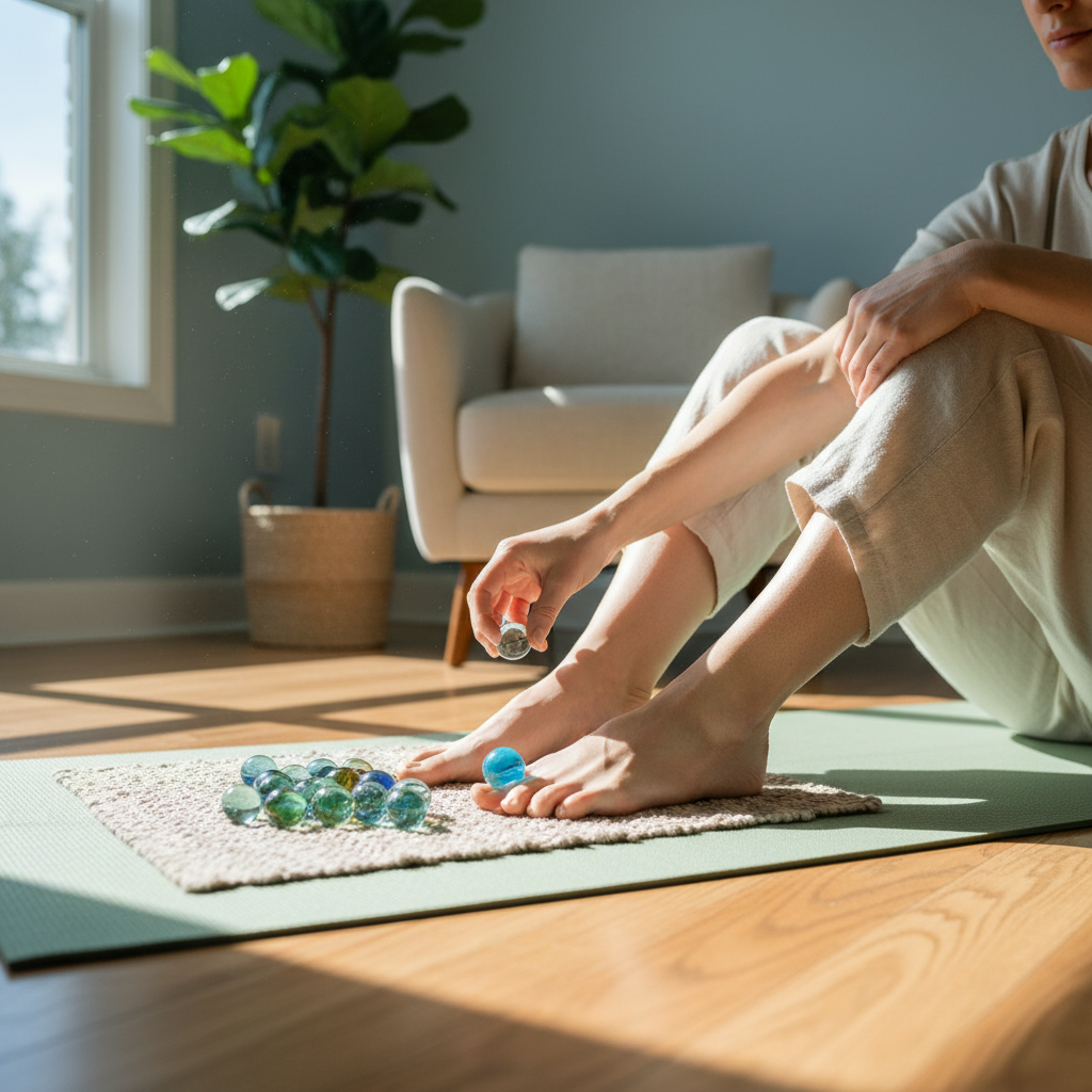 Ayak parmaklarını güçlendirmek için evde yapılan bilye toplama egzersizi.