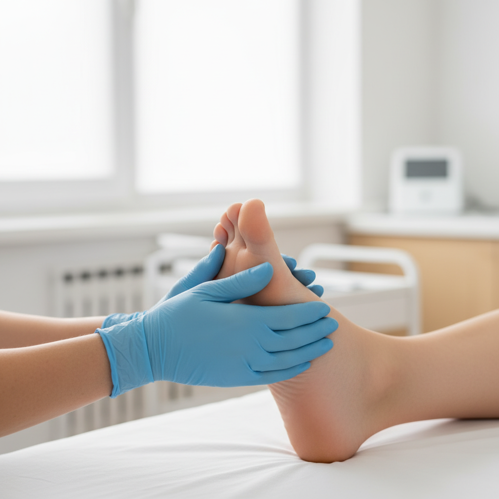 Ayak Ağrısı: Podolog mu, Ortopedist mi? - Bir sağlık uzmanının hastanın ayağını dikkatle muayene etmesi.