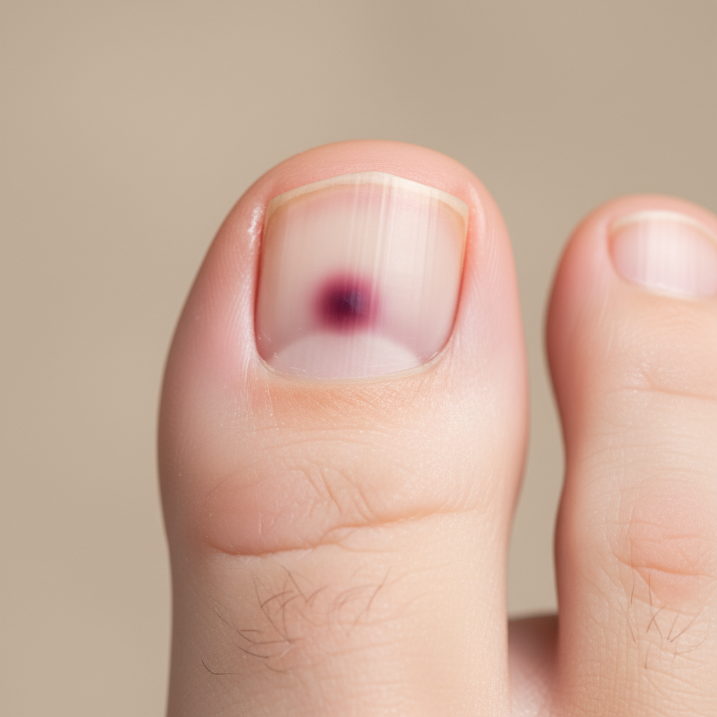 Darbe sonucu oluşmuş tırnak altı kanamasını gösteren siyah leke.