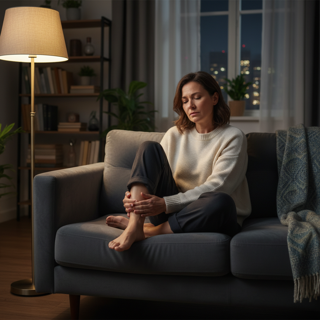 Ayak Altı Yanması: Sadece Bir Yorgunluk Belirtisi Mi? - Akşam saatlerinde ayaklarına masaj yaparak rahatlamaya çalışan bir kişi.