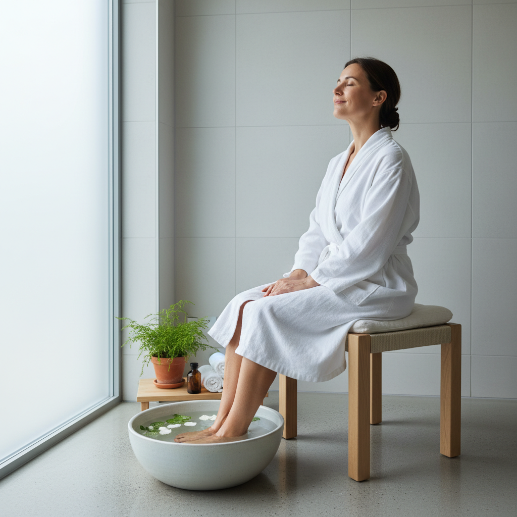 Ayaklarını serinletici bir su banyosunda dinlendiren bir kişi.