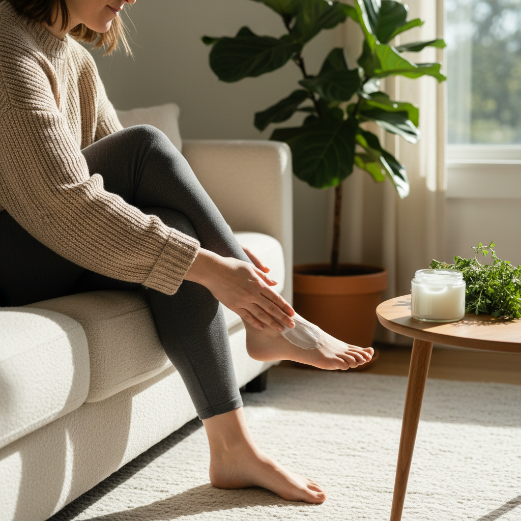 Ayak sağlığını korumak için evde ayaklarına nemlendirici krem süren bir kişi.