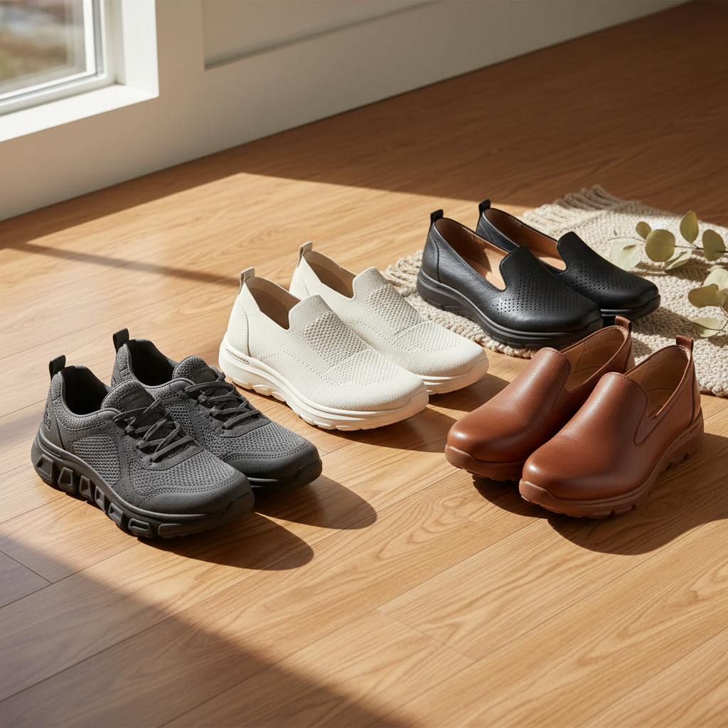 Doğru ayakkabı seçiminin nasır oluşumunu önlemedeki önemini gösteren çeşitli rahat ayakkabılar