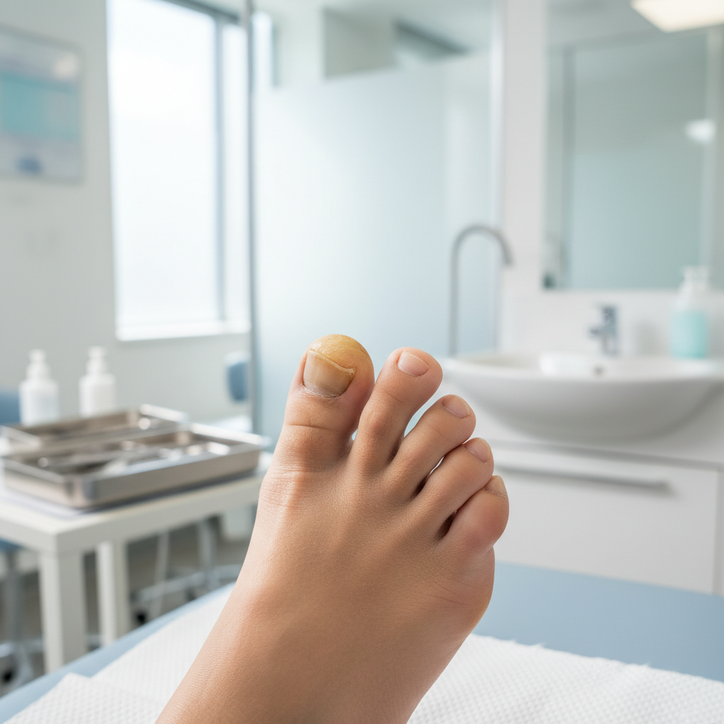 Kalınlaşmış Tırnaklar: Onikogrifoz Hakkında Merak Edilenler - Onikogrifoz nedeniyle kalınlaşmış ve şekli bozulmuş bir ayak tırnağının yakından görünümü.