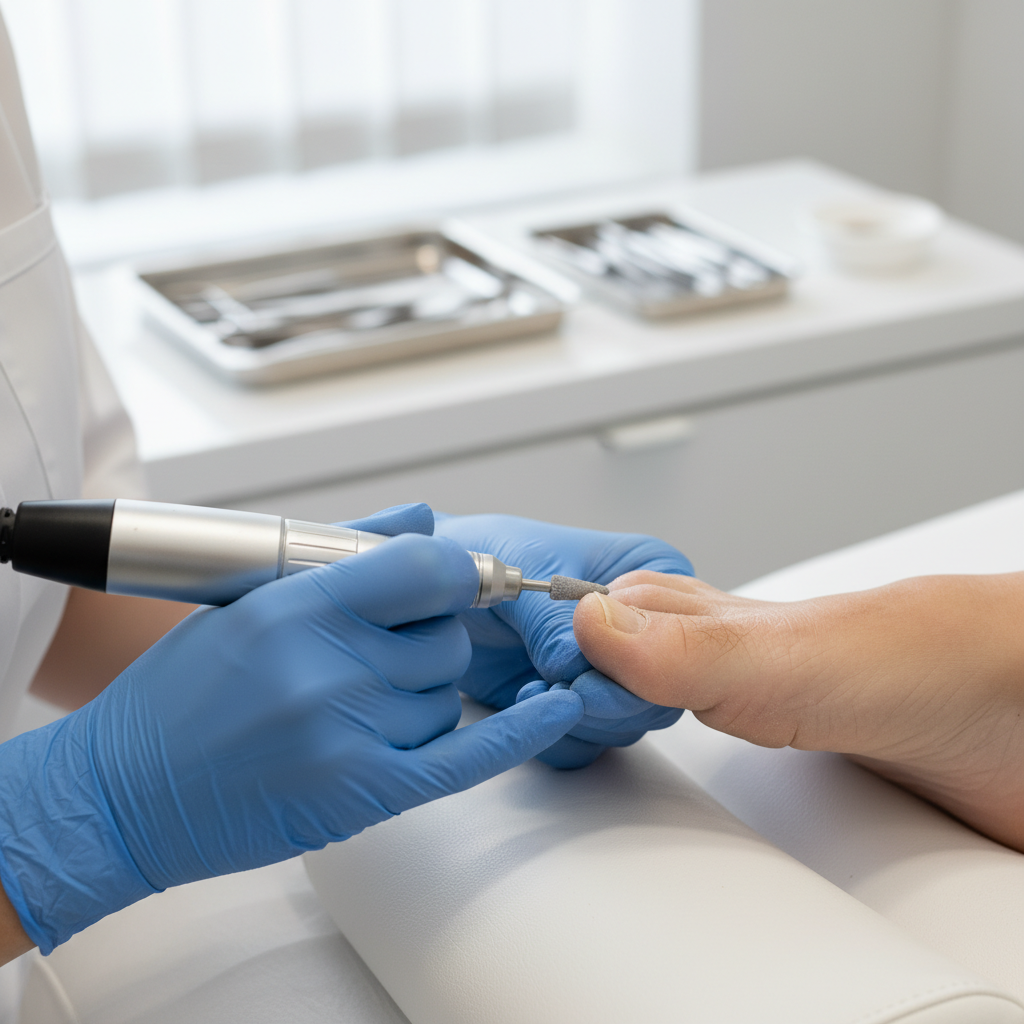 Ayak sağlığı uzmanı tarafından kalınlaşmış tırnağa yapılan profesyonel bakım işlemi.