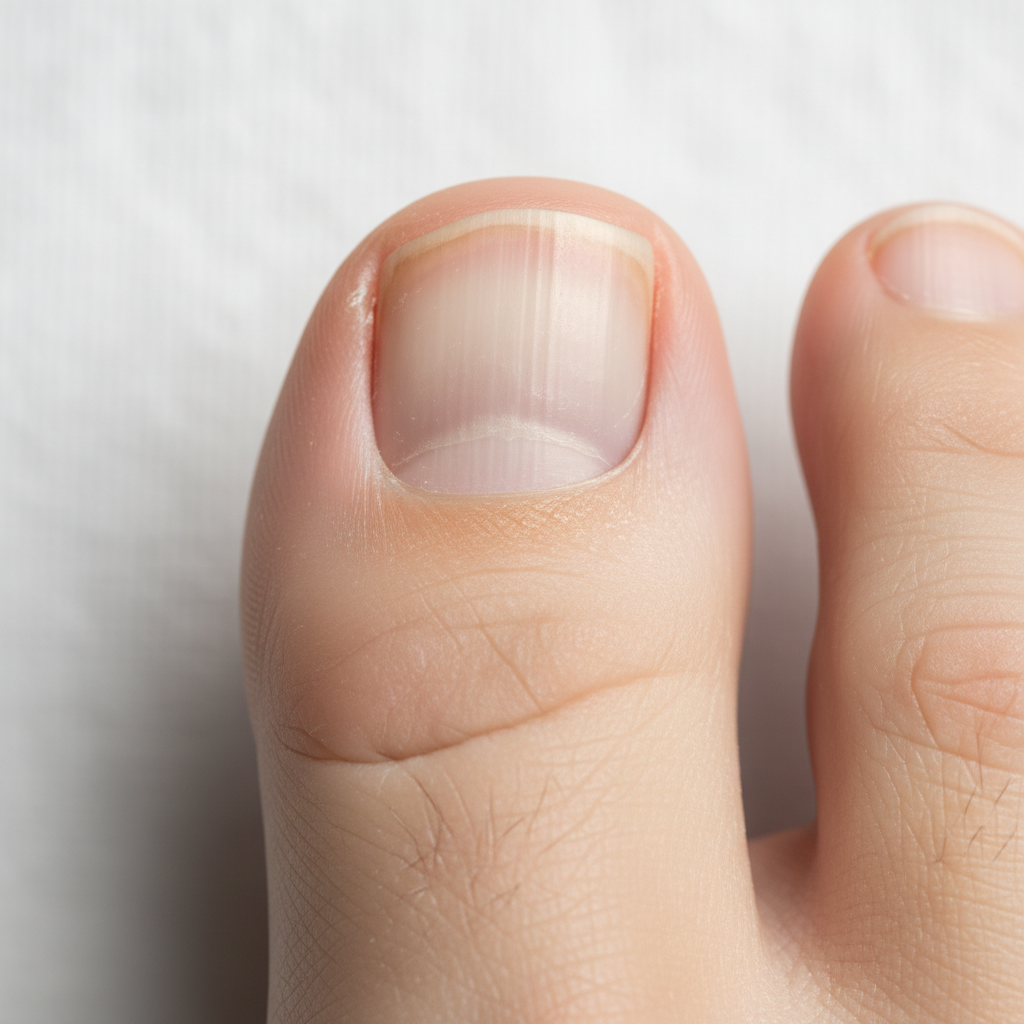 Tırnak Yatağı Boşalması (Onikoliz): Nedenleri ve Bakımı - Tırnak yatağından ayrılmış onikolizli bir ayak tırnağının yakından görünümü.